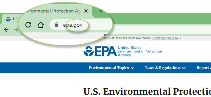This EPA website is an example of a .gov domain extension in use.